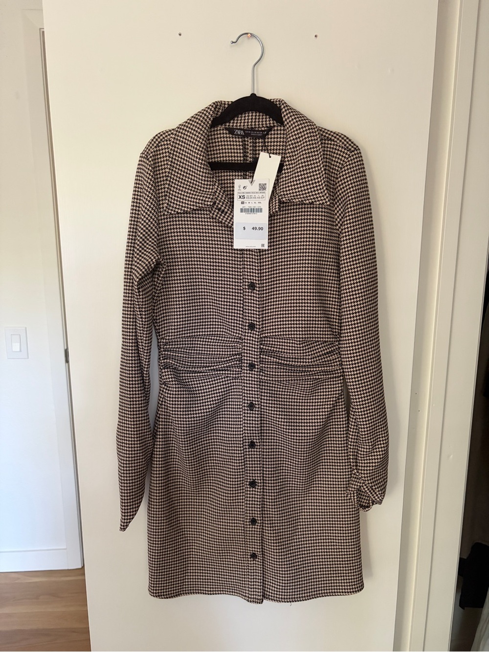 NWT Zara Houndstooth Ruched Button Front Mini Dress - Picture 2 of 5